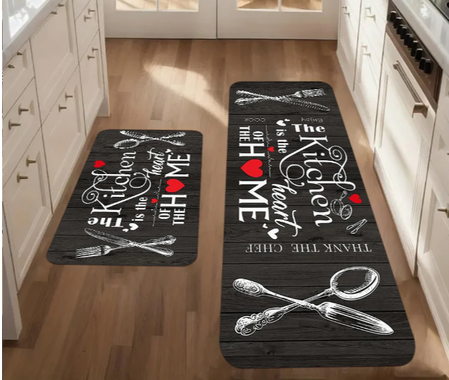 Love Maisha Kitchen Rug 2 Piece Set, Black and White Rustic Vintage Style Theme Decor Kitchen Rugs, Absorbent Washable Non-Slip Floor Mats, Home Indoor Runner Carpet 40x60+40x120 CM