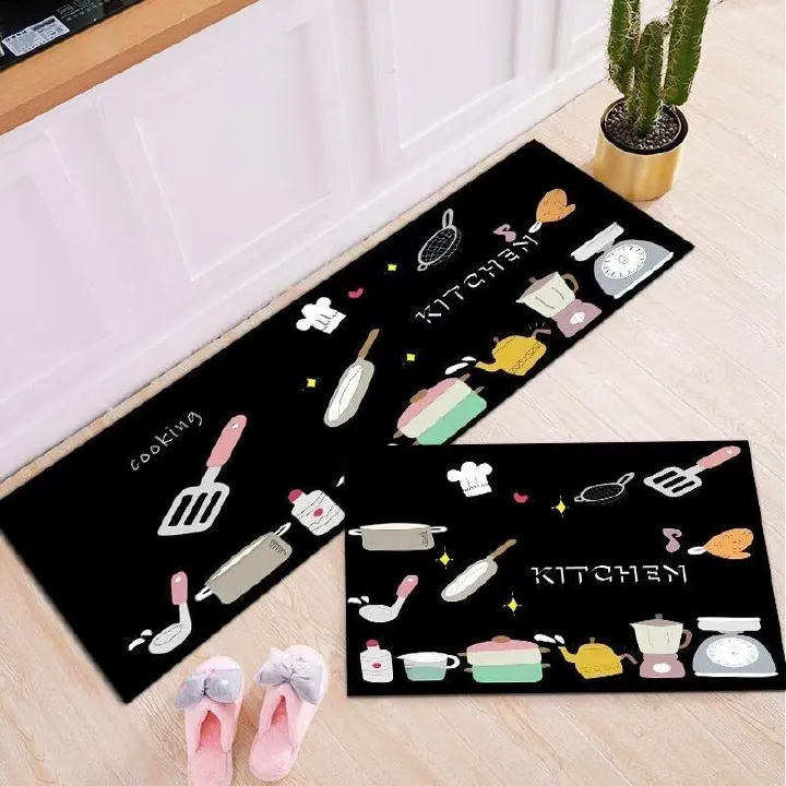 Black 2-Piece Non-Slip Kitchen Rug Set with Rubber Backing - Doodle Design Floor Mat for Home Decor, Bathroom, Living Room, Entryway - Easy Clean Carpet