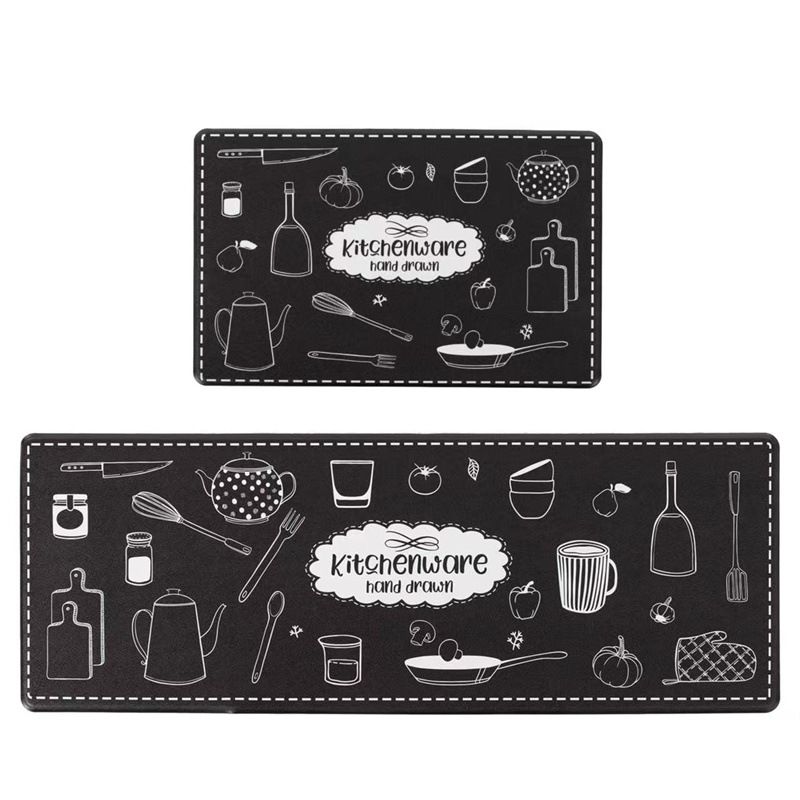Black Simple Doodle 2-Piece Non-Slip Kitchen Rug Set - Water Absorbent, Oil & Stain Resistant Rubber Backing Floor Mats for Home Decor