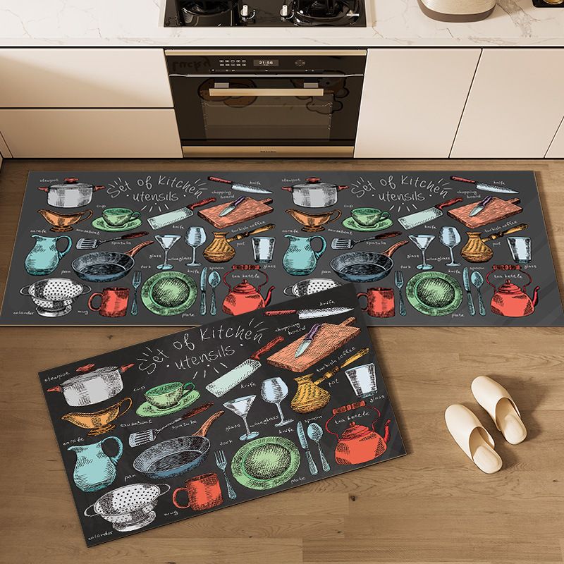 2-Piece Black Background Colorful Doodle Kitchen Rug Set - Non-Slip Rubber Backing Mats with Various Utensil Designs, Water Absorbent & Oil Resistant for Home Decor