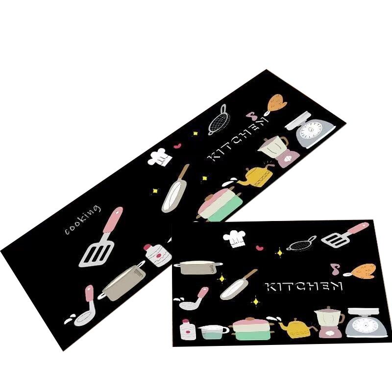 Black 2-Piece Non-Slip Kitchen Rug Set with Rubber Backing - Doodle Design Floor Mat for Home Decor, Bathroom, Living Room, Entryway - Easy Clean Carpet