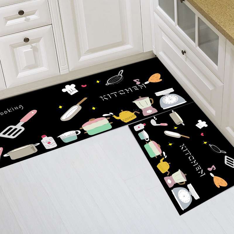 Black 2-Piece Non-Slip Kitchen Rug Set with Rubber Backing - Doodle Design Floor Mat for Home Decor, Bathroom, Living Room, Entryway - Easy Clean Carpet