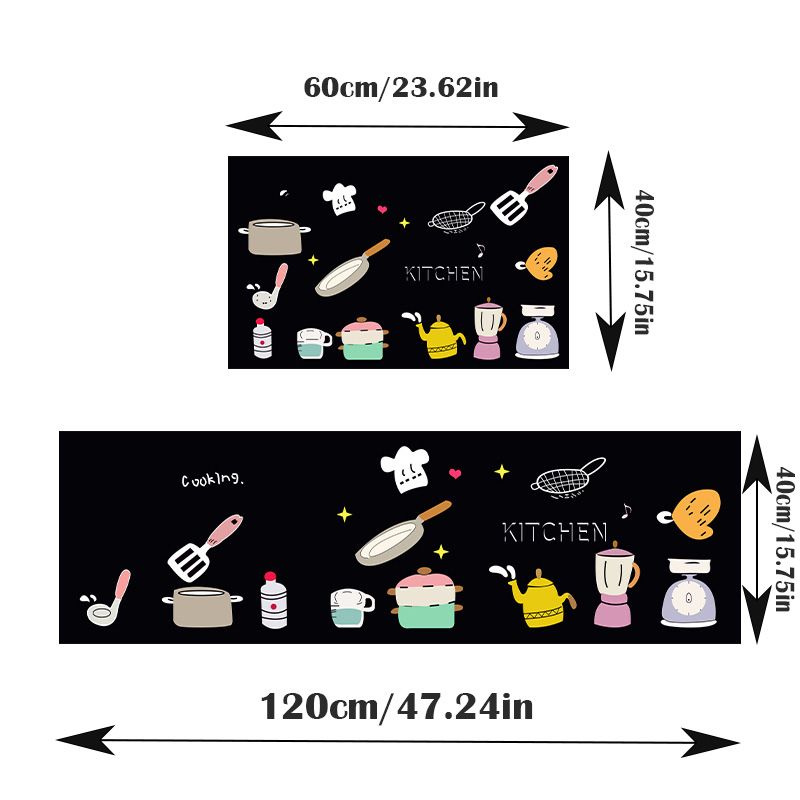 Black 2-Piece Non-Slip Kitchen Rug Set with Rubber Backing - Doodle Design Floor Mat for Home Decor, Bathroom, Living Room, Entryway - Easy Clean Carpet