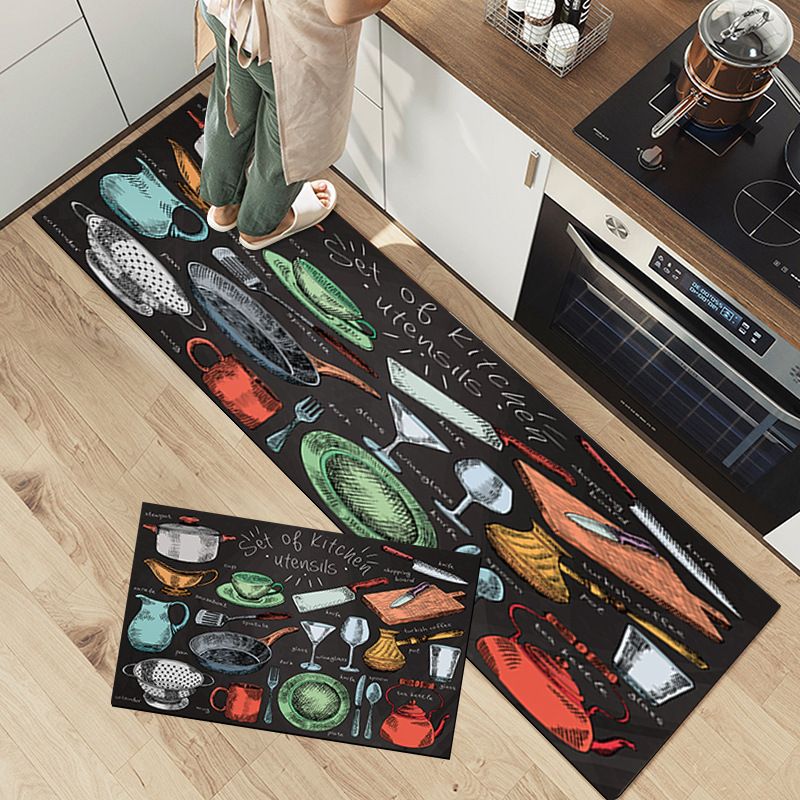2-Piece Black Background Colorful Doodle Kitchen Rug Set - Non-Slip Rubber Backing Mats with Various Utensil Designs, Water Absorbent & Oil Resistant for Home Decor