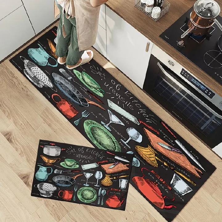 2-Piece Black Background Colorful Doodle Kitchen Rug Set - Non-Slip Rubber Backing Mats with Various Utensil Designs, Water Absorbent & Oil Resistant for Home Decor