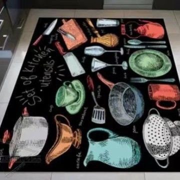 2-Piece Black Background Colorful Doodle Kitchen Rug Set - Non-Slip Rubber Backing Mats with Various Utensil Designs, Water Absorbent & Oil Resistant for Home Decor