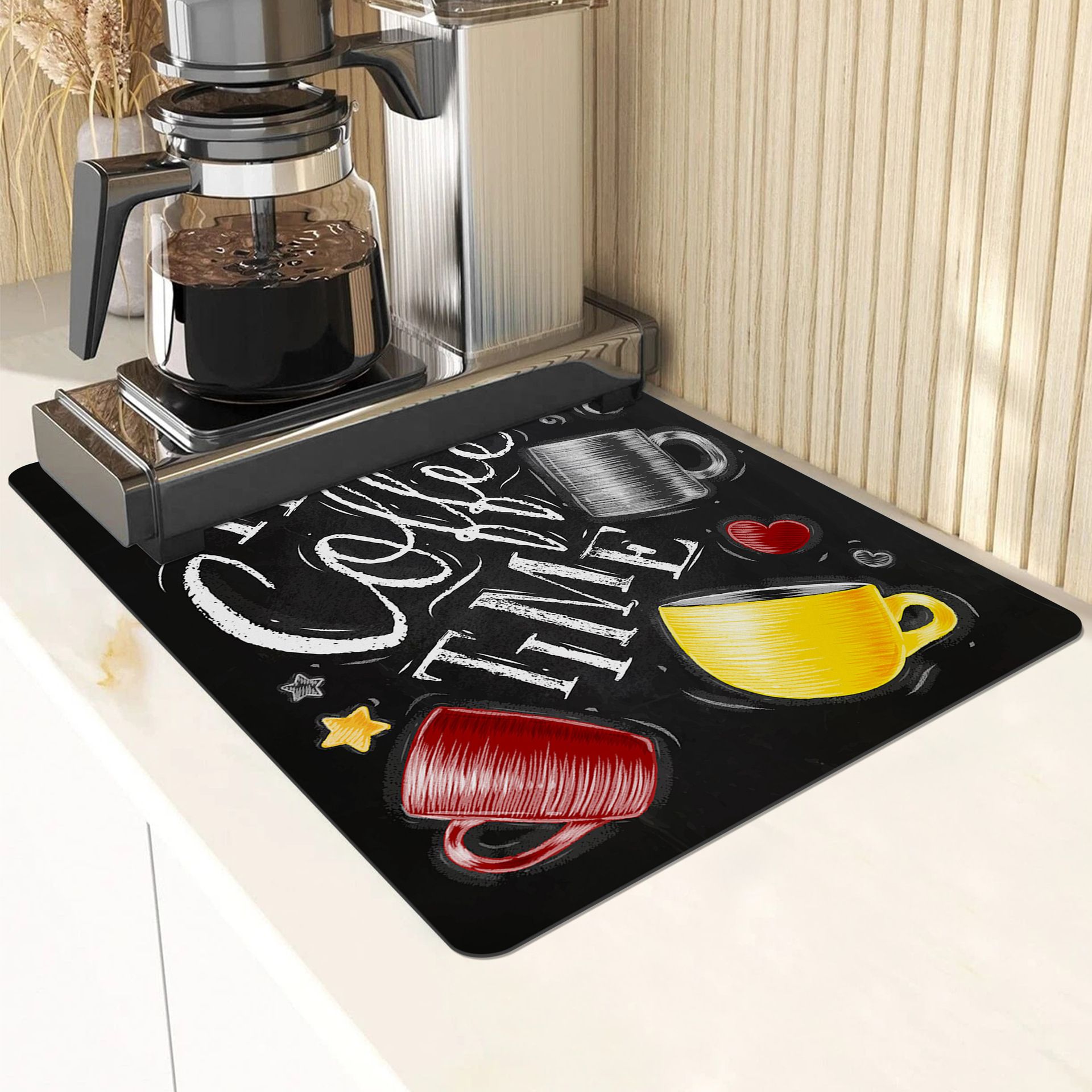 2-Piece Black Background Colorful Doodle Kitchen Rug Set - Non-Slip Rubber Backing Mats with Various Utensil Designs, Water Absorbent & Oil Resistant for Home Decor