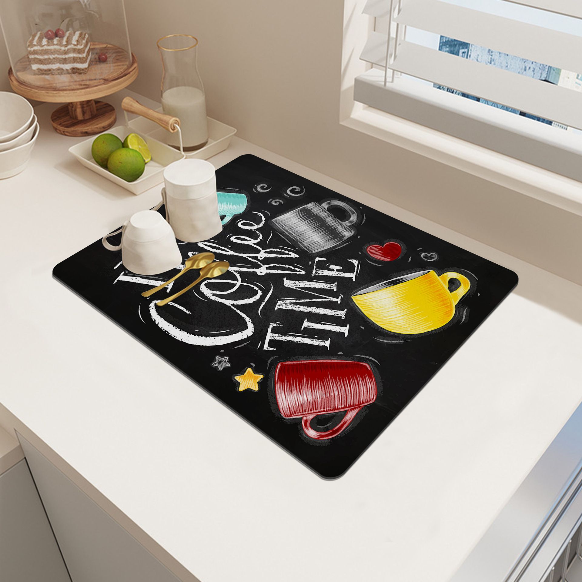 2-Piece Black Background Colorful Doodle Kitchen Rug Set - Non-Slip Rubber Backing Mats with Various Utensil Designs, Water Absorbent & Oil Resistant for Home Decor