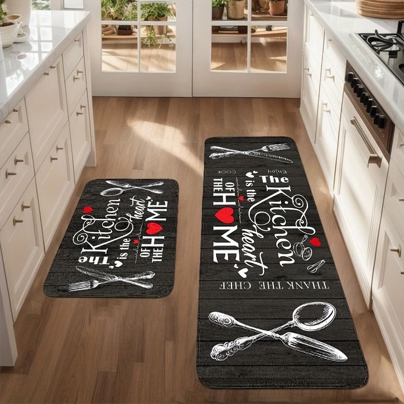 Love Maisha Kitchen Rug 2 Piece Set, Black and White Rustic Vintage Style Theme Decor Kitchen Rugs, Absorbent Washable Non-Slip Floor Mats, Home Indoor Runner Carpet 40x60+40x120 CM