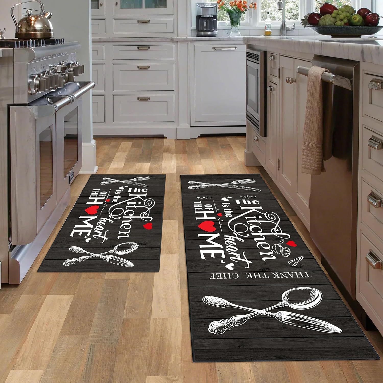 Love Maisha Kitchen Rug 2 Piece Set, Black and White Rustic Vintage Style Theme Decor Kitchen Rugs, Absorbent Washable Non-Slip Floor Mats, Home Indoor Runner Carpet 40x60+40x120 CM