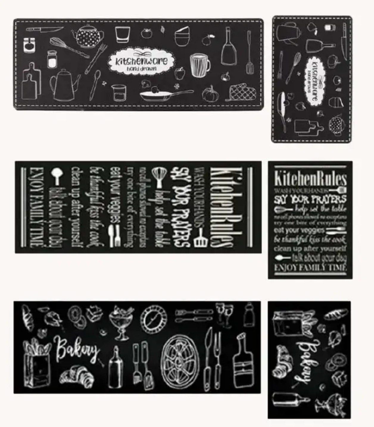 Black Simple Doodle 2-Piece Non-Slip Kitchen Rug Set - Water Absorbent, Oil & Stain Resistant Rubber Backing Floor Mats for Home Decor