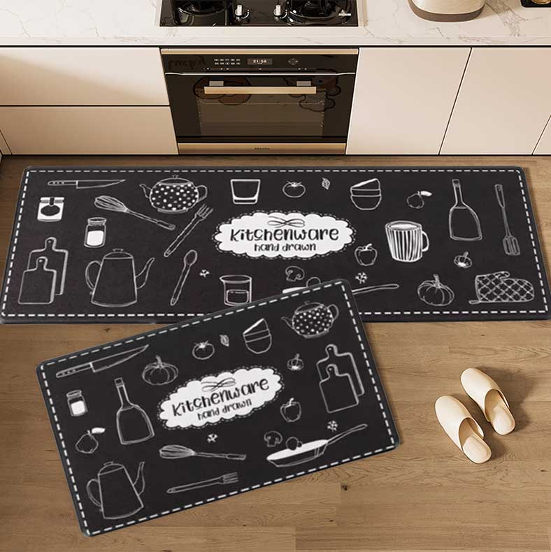 Black Simple Doodle 2-Piece Non-Slip Kitchen Rug Set - Water Absorbent, Oil & Stain Resistant Rubber Backing Floor Mats for Home Decor