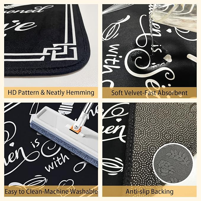 Black Simple Doodle 2-Piece Non-Slip Kitchen Rug Set - Water Absorbent, Oil & Stain Resistant Rubber Backing Floor Mats for Home Decor
