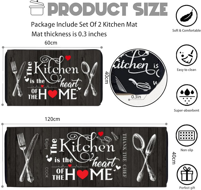 Love Maisha Kitchen Rug 2 Piece Set, Black and White Rustic Vintage Style Theme Decor Kitchen Rugs, Absorbent Washable Non-Slip Floor Mats, Home Indoor Runner Carpet 40x60+40x120 CM