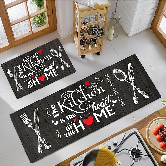 Love Maisha Kitchen Rug 2 Piece Set, Black and White Rustic Vintage Style Theme Decor Kitchen Rugs, Absorbent Washable Non-Slip Floor Mats, Home Indoor Runner Carpet 40x60+40x120 CM