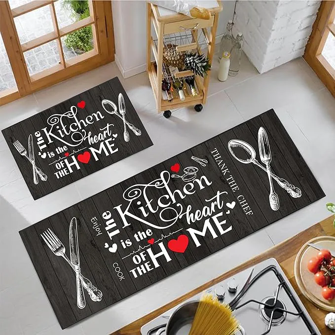 Love Maisha Kitchen Rug 2 Piece Set, Black and White Rustic Vintage Style Theme Decor Kitchen Rugs, Absorbent Washable Non-Slip Floor Mats, Home Indoor Runner Carpet 40x60+40x120 CM