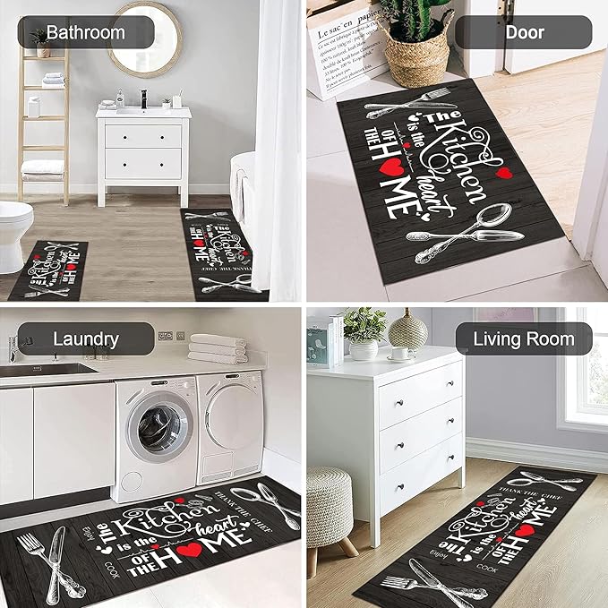 Love Maisha Kitchen Rug 2 Piece Set, Black and White Rustic Vintage Style Theme Decor Kitchen Rugs, Absorbent Washable Non-Slip Floor Mats, Home Indoor Runner Carpet 40x60+40x120 CM