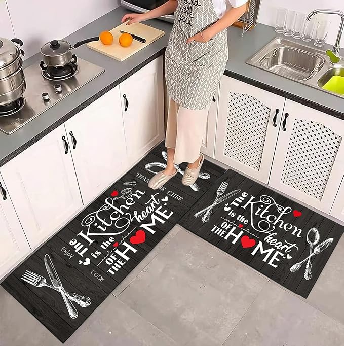 Love Maisha Kitchen Rug 2 Piece Set, Black and White Rustic Vintage Style Theme Decor Kitchen Rugs, Absorbent Washable Non-Slip Floor Mats, Home Indoor Runner Carpet 40x60+40x120 CM
