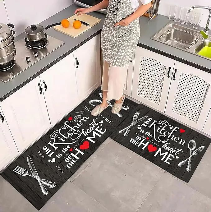 2 Piece Set Love Maisha Kitchen Rug , Black and White Rustic Vintage Style Theme Decor Kitchen Rugs, Absorbent Washable Non-Slip Floor Mats, Home Indoor Runner Carpet 40x60+40x120 CM
