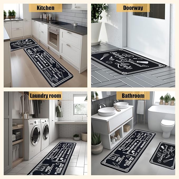 Black Simple Doodle 2-Piece Non-Slip Kitchen Rug Set - Water Absorbent, Oil & Stain Resistant Rubber Backing Floor Mats for Home Decor