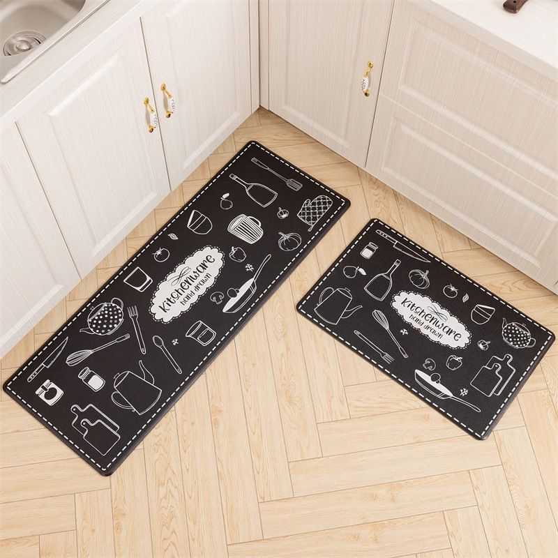Black Simple Doodle 2-Piece Non-Slip Kitchen Rug Set - Water Absorbent, Oil & Stain Resistant Rubber Backing Floor Mats for Home Decor
