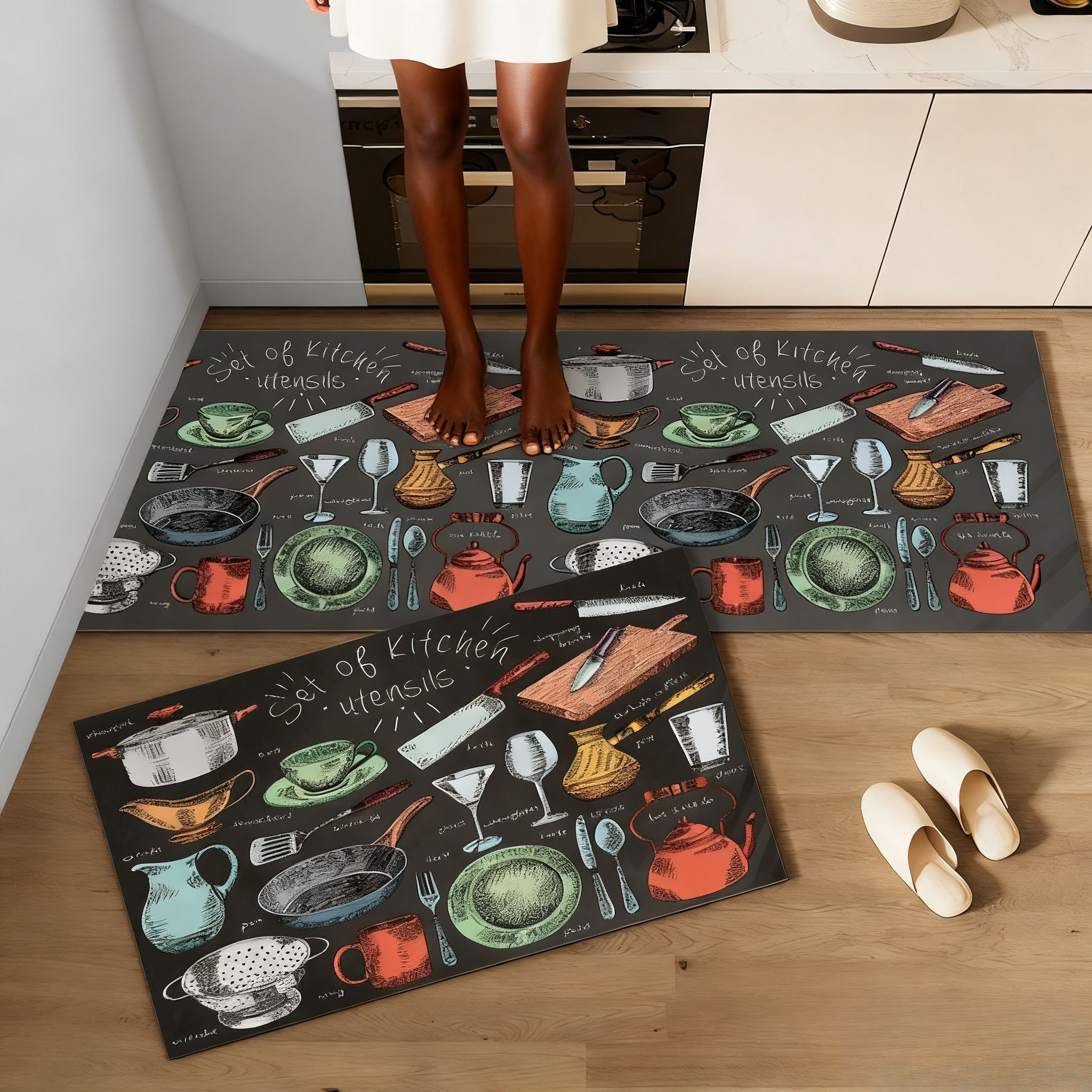 2-Piece Black Background Colorful Doodle Kitchen Rug Set - Non-Slip Rubber Backing Mats with Various Utensil Designs, Water Absorbent & Oil Resistant for Home Decor