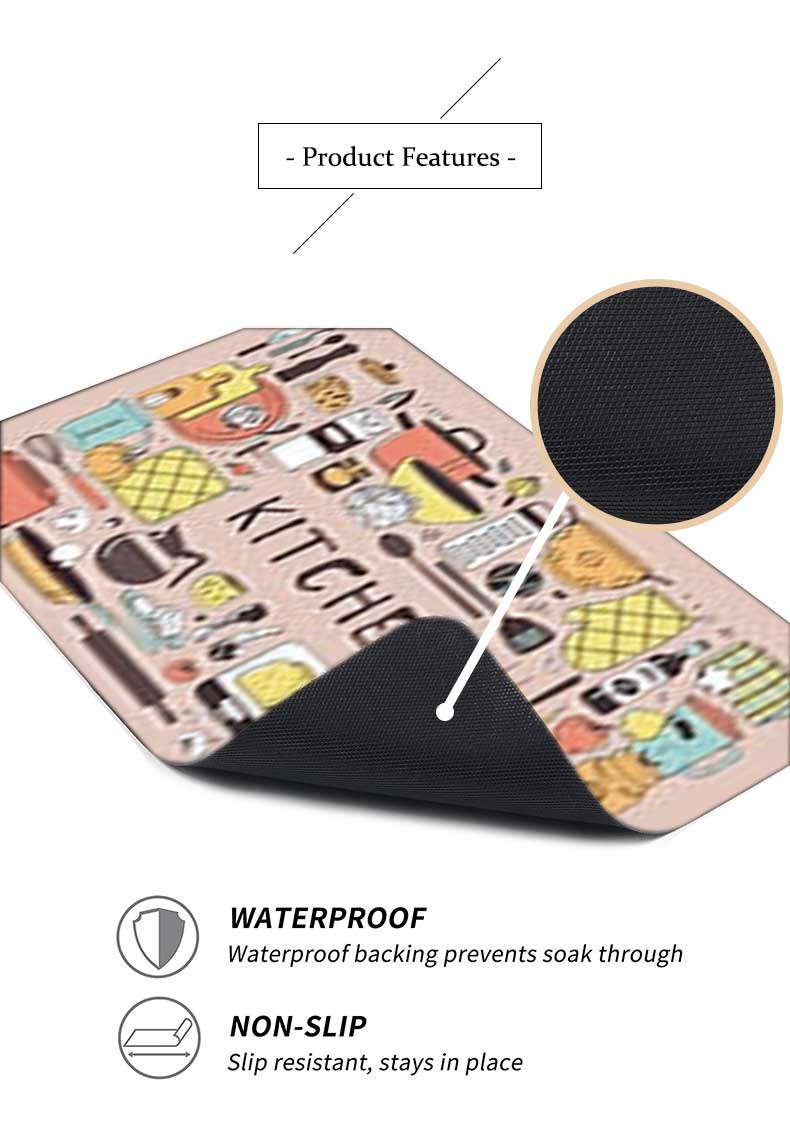 Pink 2-Piece Non-Slip Kitchen Rug Set with Rubber Backing - Doodle Cartoon Kitchen Tools Design Floor Mat for Home Decor, Bathroom, Living Room - Easy Clean Carpet