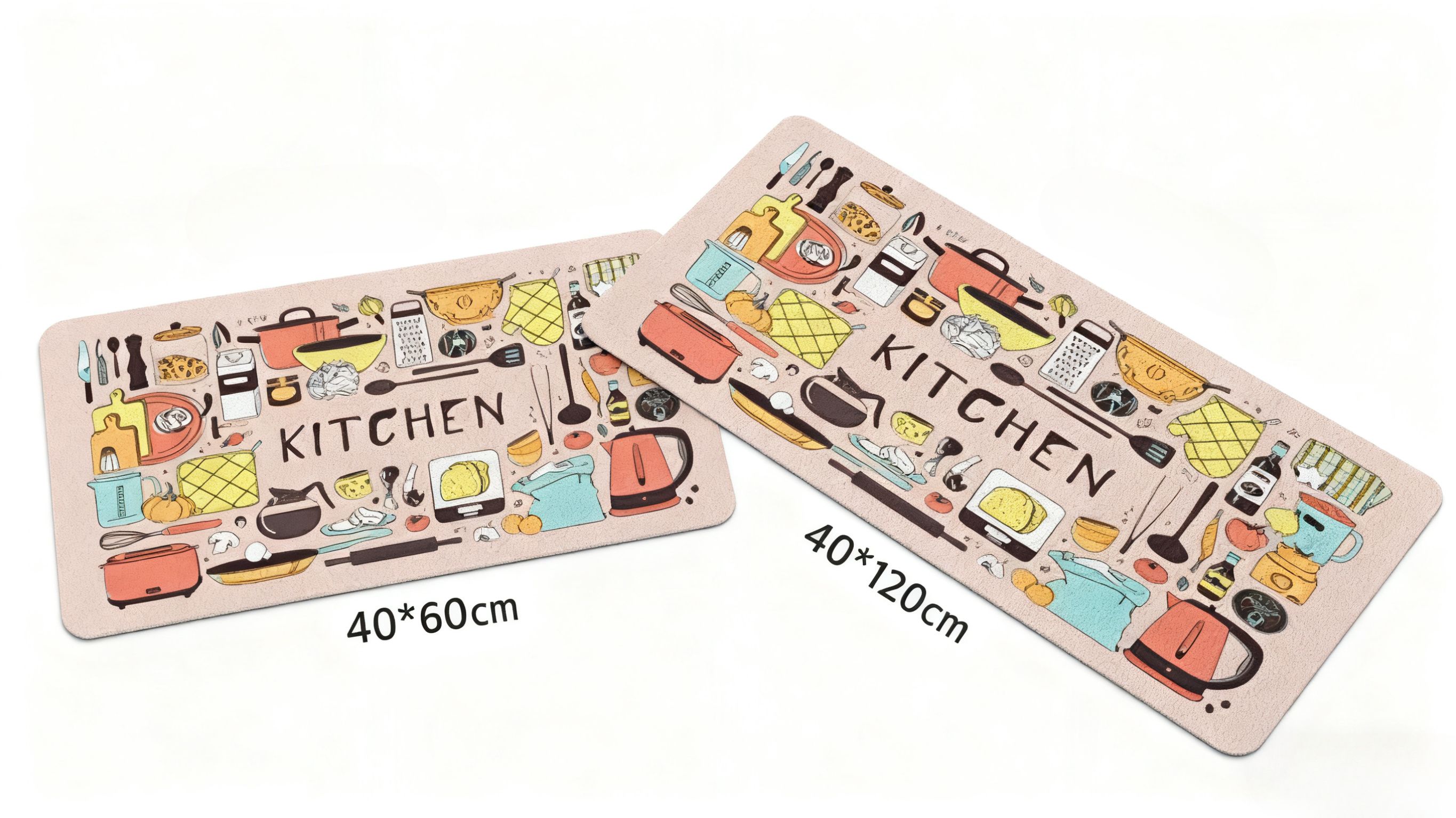 Pink 2-Piece Non-Slip Kitchen Rug Set with Rubber Backing - Doodle Cartoon Kitchen Tools Design Floor Mat for Home Decor, Bathroom, Living Room - Easy Clean Carpet