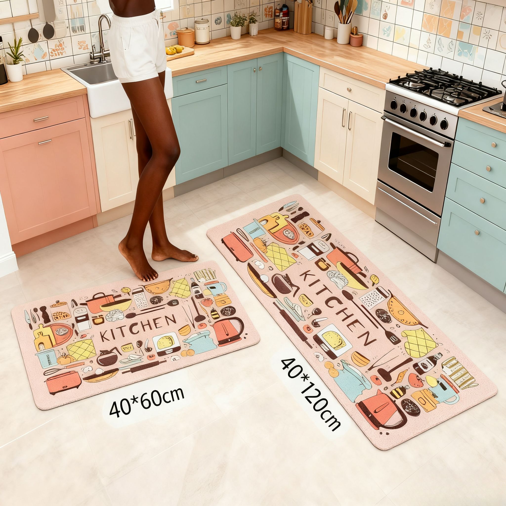 Pink 2-Piece Non-Slip Kitchen Rug Set with Rubber Backing - Doodle Cartoon Kitchen Tools Design Floor Mat for Home Decor, Bathroom, Living Room - Easy Clean Carpet
