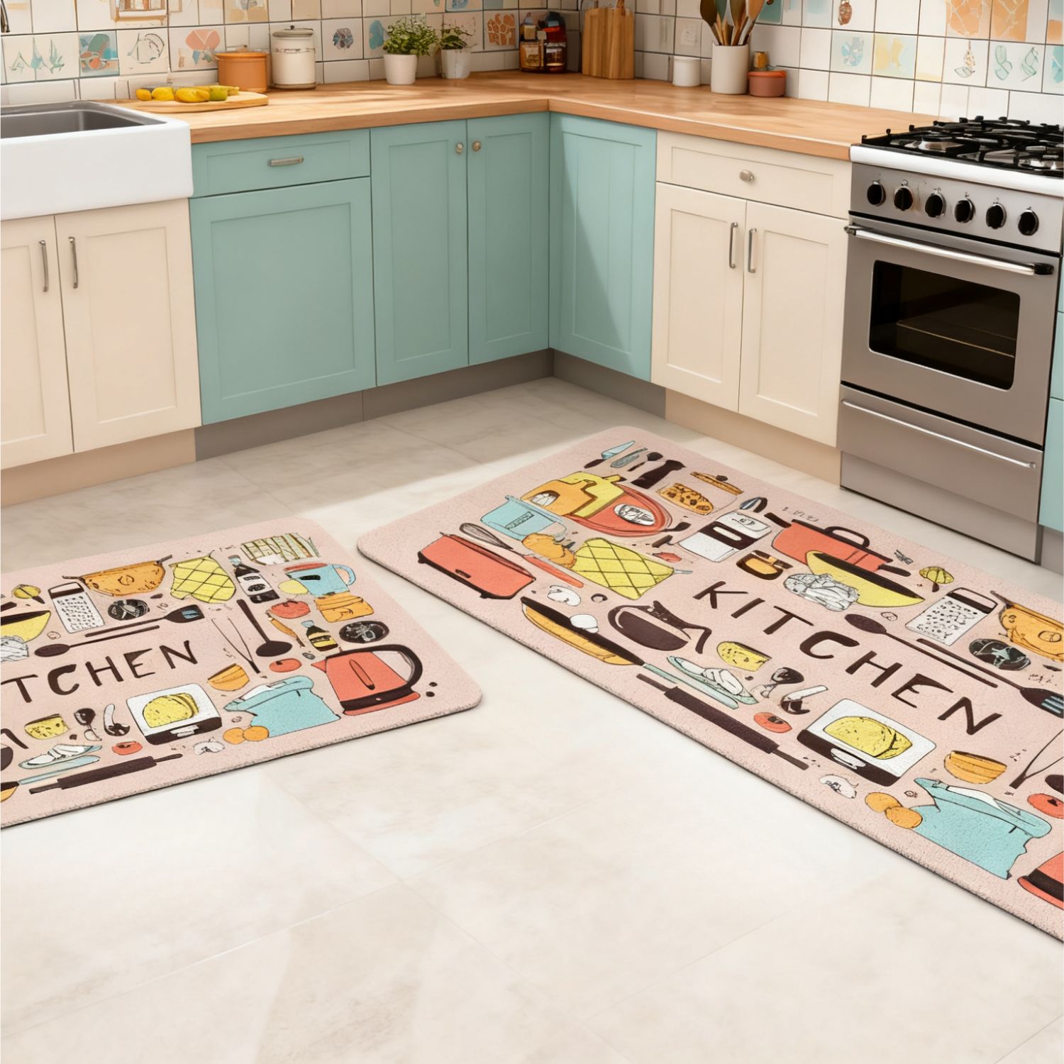 Pink 2-Piece Non-Slip Kitchen Rug Set with Rubber Backing - Doodle Cartoon Kitchen Tools Design Floor Mat for Home Decor, Bathroom, Living Room - Easy Clean Carpet