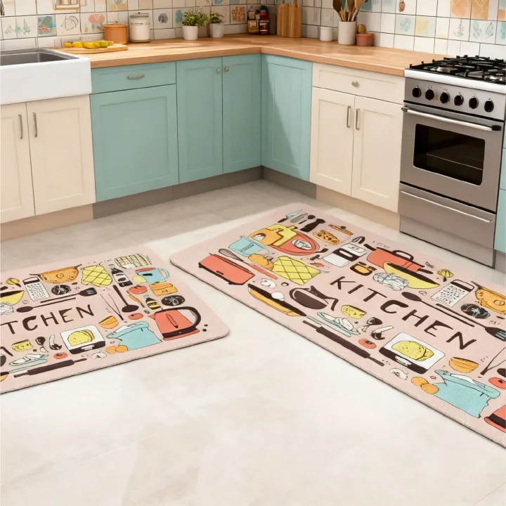 Pink 2-Piece Non-Slip Kitchen Rug Set with Rubber Backing - Doodle Cartoon Kitchen Tools Design Floor Mat for Home Decor, Bathroom, Living Room - Easy Clean Carpet
