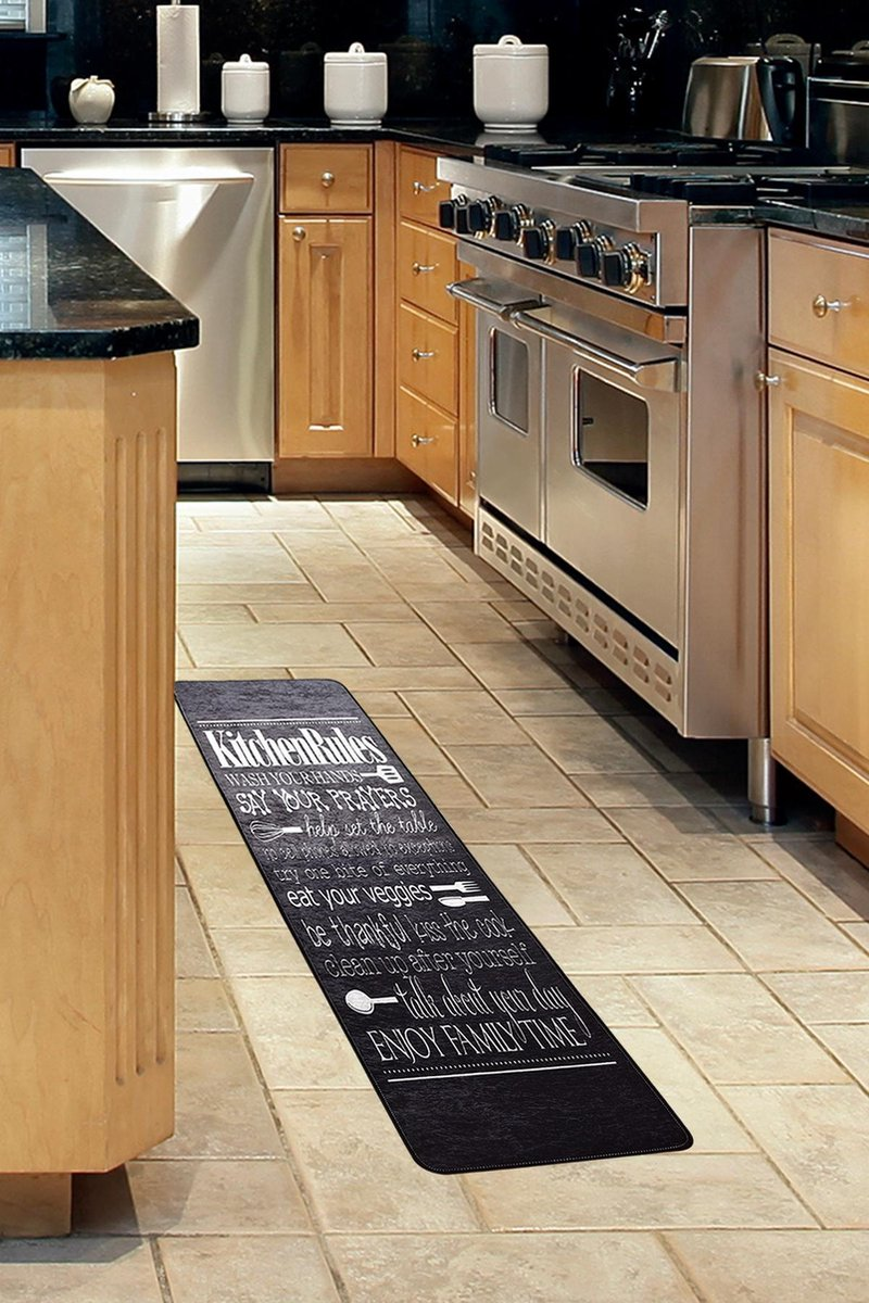 Black Simple Doodle 2-Piece Non-Slip Kitchen Rug Set - Water Absorbent, Oil & Stain Resistant Rubber Backing Floor Mats for Home Decor