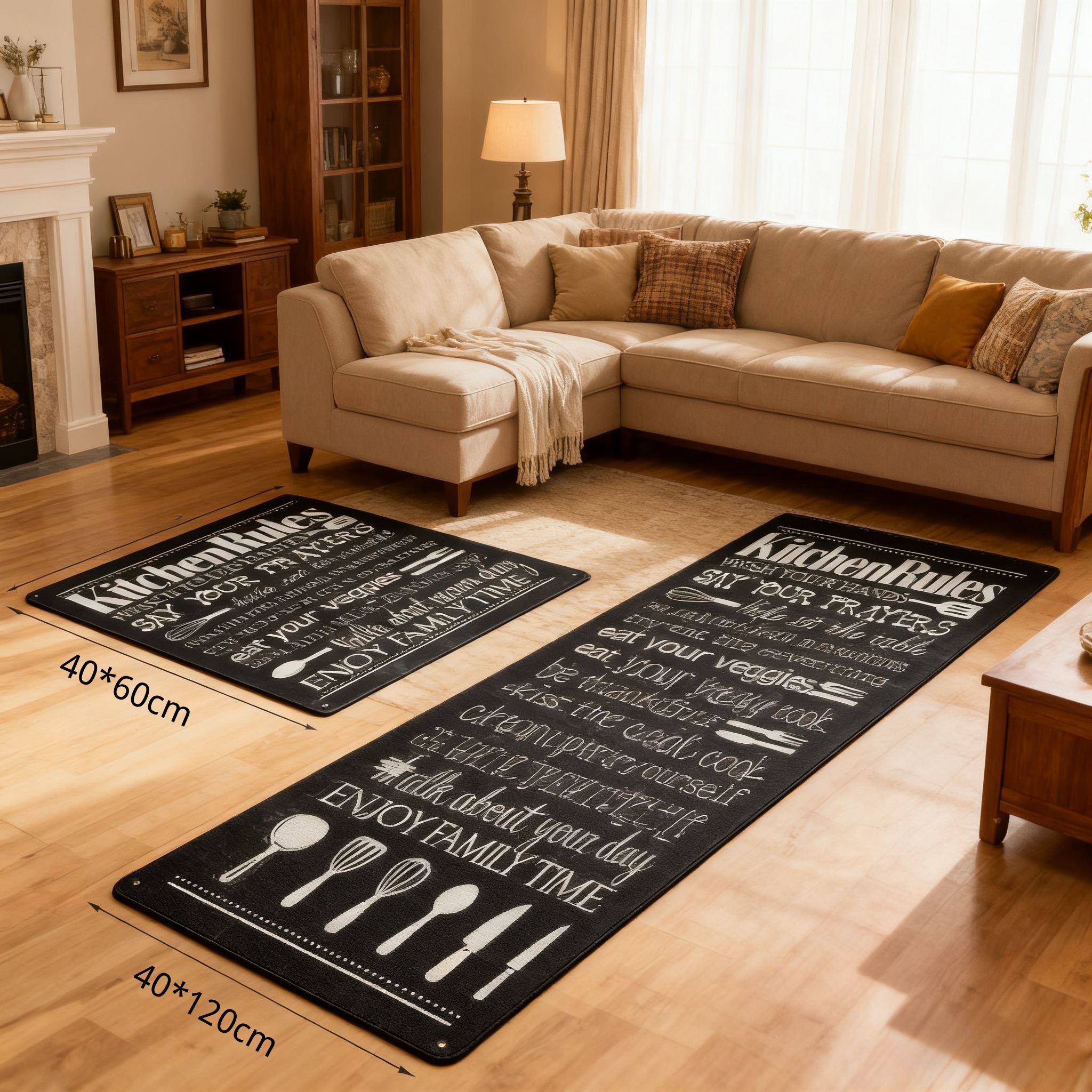 Black Simple Doodle 2-Piece Non-Slip Kitchen Rug Set - Water Absorbent, Oil & Stain Resistant Rubber Backing Floor Mats for Home Decor