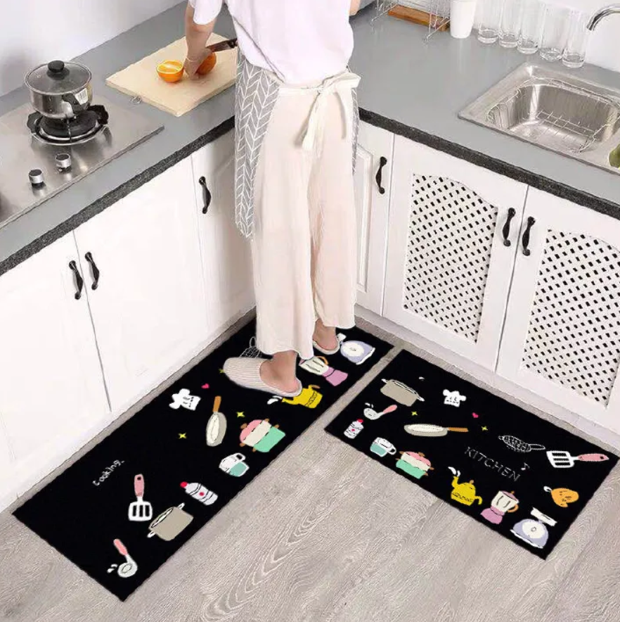 Black 2-Piece Non-Slip Kitchen Rug Set with Rubber Backing - Doodle Design Floor Mat for Home Decor, Bathroom, Living Room, Entryway - Easy Clean Carpet