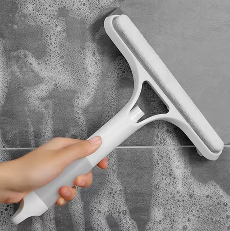 Multi-functional 3 in 1 short-handled window cleaning tool Cleans mirrors with dual-sided brushing and scraping action Includes built-in spray bottle cleaning solution