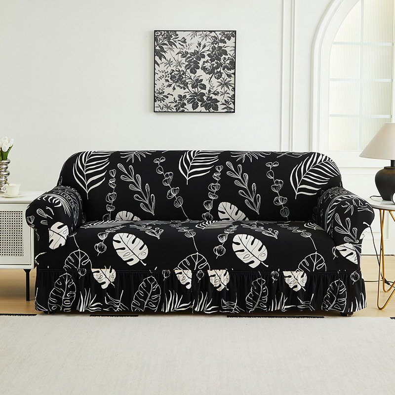 Black Leaves Sofa Covers With Skirt for Living Room Stretch Slipcover Armchair Couch Cover Corner Furniture Protector