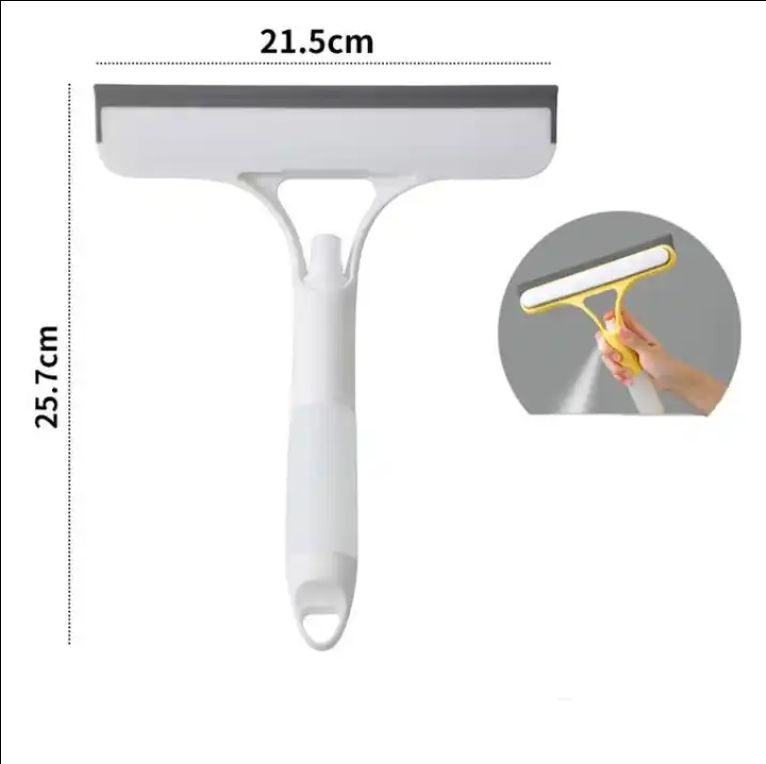 Multi-functional 3 in 1 short-handled window cleaning tool Cleans mirrors with dual-sided brushing and scraping action Includes built-in spray bottle cleaning solution