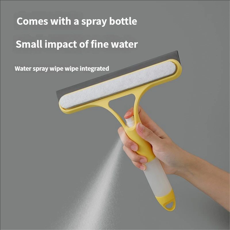 Multi-functional 3 in 1 short-handled window cleaning tool Cleans mirrors with dual-sided brushing and scraping action Includes built-in spray bottle cleaning solution