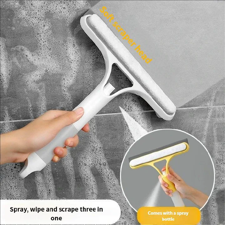 Multi-functional 3 in 1 short-handled window cleaning tool Cleans mirrors with dual-sided brushing and scraping action Includes built-in spray bottle cleaning solution