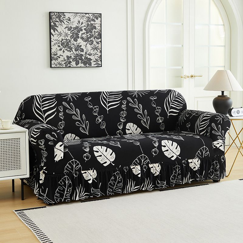 Black Leaves Sofa Covers With Skirt for Living Room Stretch Slipcover Armchair Couch Cover Corner Furniture Protector
