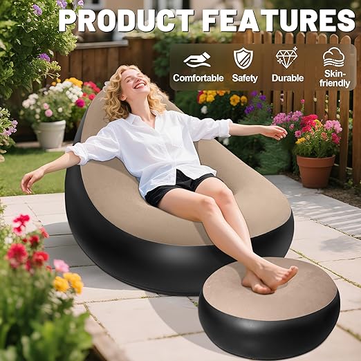 Premium Inflatable Sofa with Foot Rest and Air Pump Lounge Seat Deluxe Set - Durable PVC Ergonomic Design for Outdoor Camping Home Leisure Quick Inflation Easy Storage