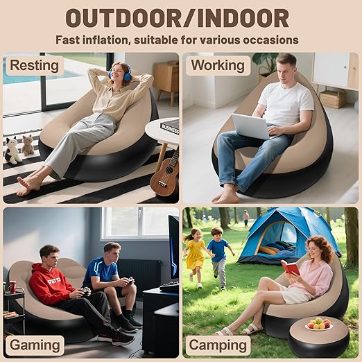 Premium Inflatable Sofa with Foot Rest and Air Pump Lounge Seat Deluxe Set - Durable PVC Ergonomic Design for Outdoor Camping Home Leisure Quick Inflation Easy Storage