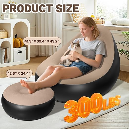 Premium Inflatable Sofa with Foot Rest and Air Pump Lounge Seat Deluxe Set - Durable PVC Ergonomic Design for Outdoor Camping Home Leisure Quick Inflation Easy Storage