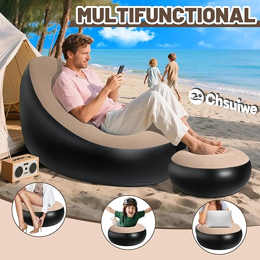Premium Inflatable Sofa with Foot Rest and Air Pump Lounge Seat Deluxe Set - Durable PVC Ergonomic Design for Outdoor Camping Home Leisure Quick Inflation Easy Storage