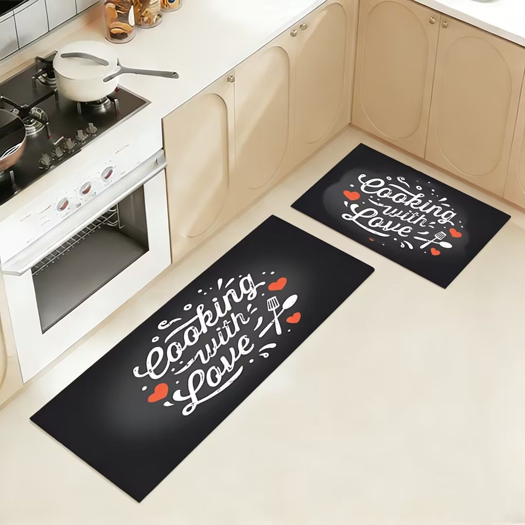 2-Piece Non-Slip Kitchen Rug Set with Rubber Backing - Gray Checkered Premium, Water Absorbent, Oil & Stain Resistant Floor Mats Featuring Condiment Designs for Home Decor