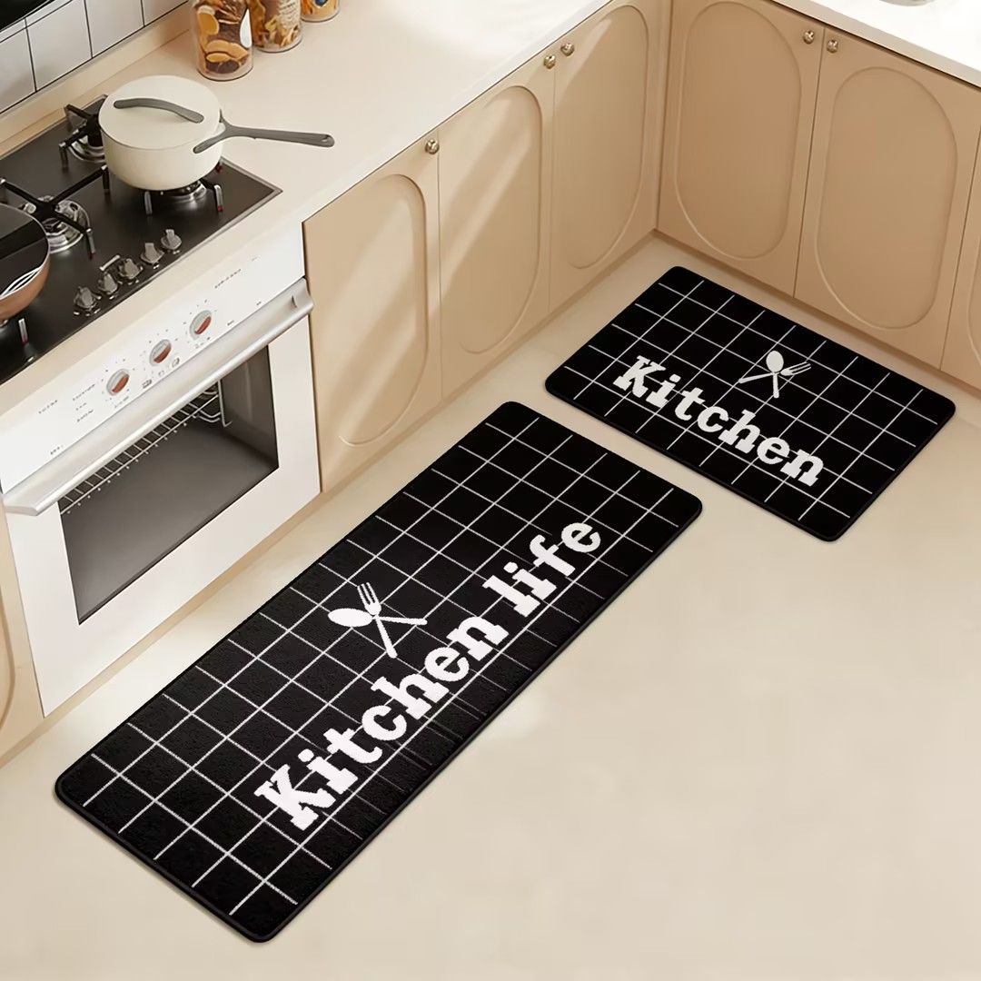 2-Piece Non-Slip Kitchen Rug Set with Rubber Backing - Gray Checkered Premium, Water Absorbent, Oil & Stain Resistant Floor Mats Featuring Condiment Designs for Home Decor