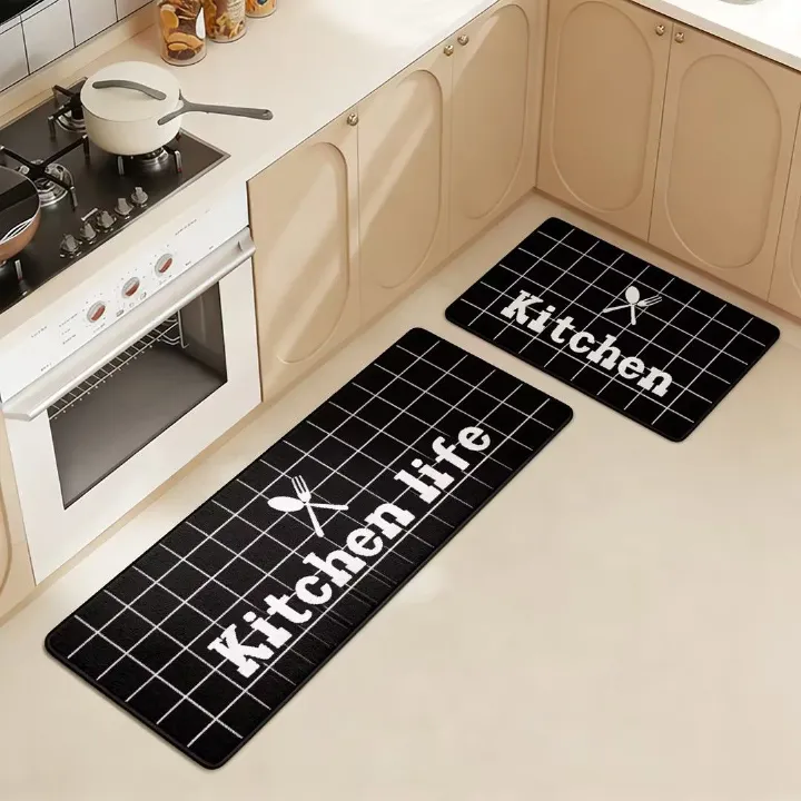 2-Piece Non-Slip Kitchen Rug Set with Rubber Backing - Gray Checkered Premium, Water Absorbent, Oil & Stain Resistant Floor Mats Featuring Condiment Designs for Home Decor