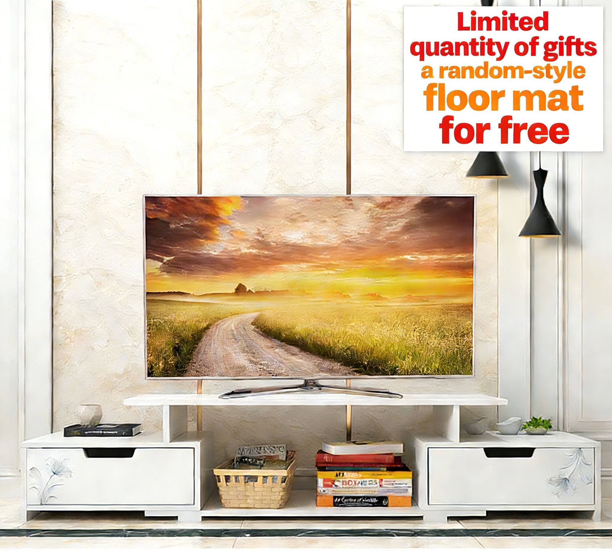[Gift] Modern Wooden Simple Tv Stands TVs up to 55" Luxury Living Room TV Cabinet Retractable Tv MDF Entertainment Center with Storage Shelves.Buy now and get a random-style floor mat for free!