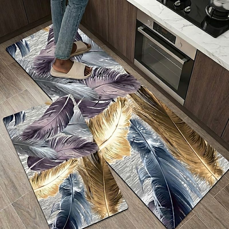 2-Piece Non-Slip Kitchen Rug Set with Rubber Backing - Gray Checkered Premium, Water Absorbent, Oil & Stain Resistant Floor Mats Featuring Condiment Designs for Home Decor