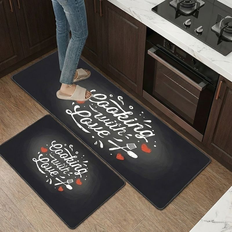 2-Piece Non-Slip Kitchen Rug Set with Rubber Backing - Gray Checkered Premium, Water Absorbent, Oil & Stain Resistant Floor Mats Featuring Condiment Designs for Home Decor